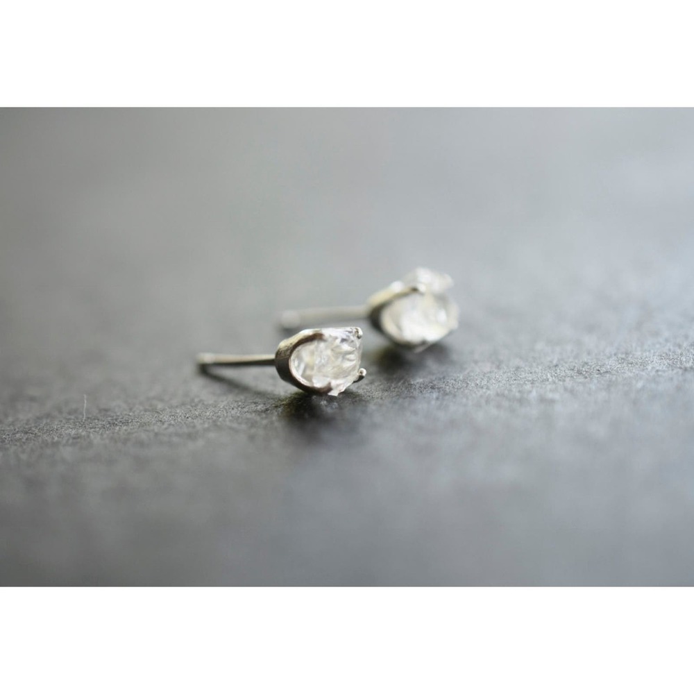 Sterling silver stud earrings, alternative diamond, uncut natural gemstones